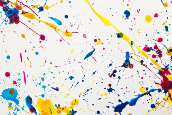 The image shows an abstract artwork with colorful paint splatters in blue, yellow, pink, and red on a white background.