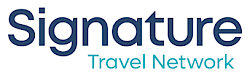 The image features a logo with the text "Signature Travel Network" in dark blue and light blue, indicating a travel-related business.