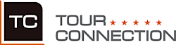 The image shows a logo with "TC" on a dark background next to the text "TOUR CONNECTION" with five orange stars.