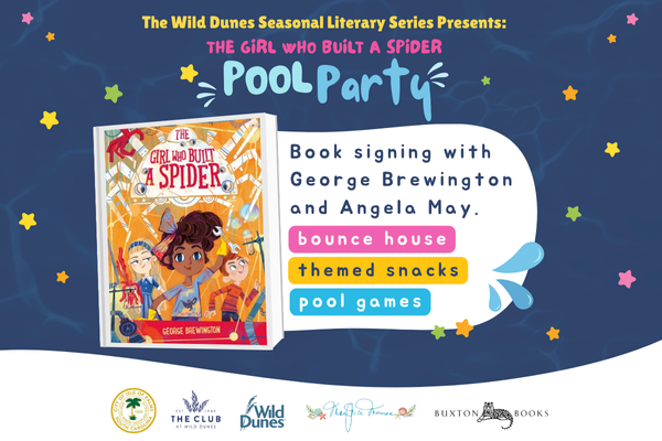 Image of a pool party book signing event for "The Girl Who Built a Spider" featuring bounce house, themed snacks, pool games.