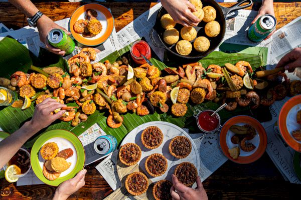 A vibrant spread with seafood, corn, and biscuits on a table with drinks and pies. Surrounded by hands reaching for the food items.