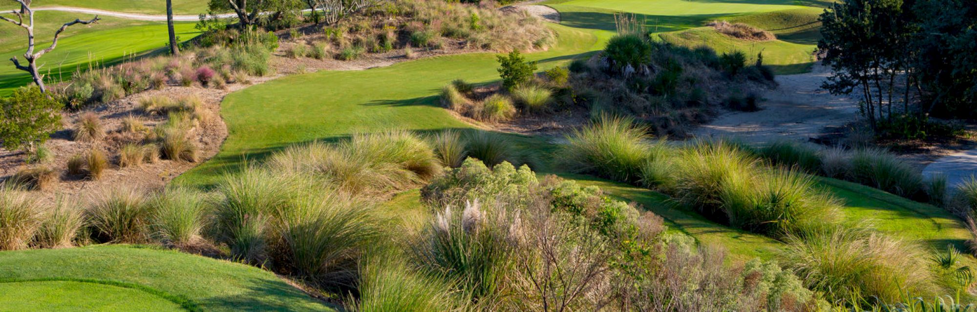 The image shows a lush golf course with well-maintained green fairways, natural vegetation, and sandy areas surrounded by trees.