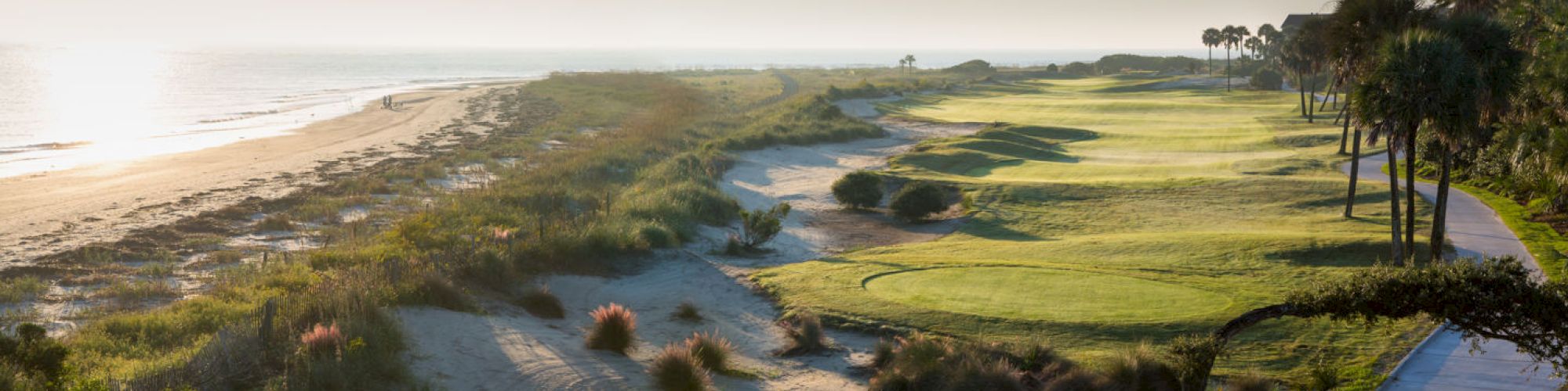 A coastal golf course bordered by palm trees, sandy beach, and ocean waves under a clear sky with soft sunlight shining.