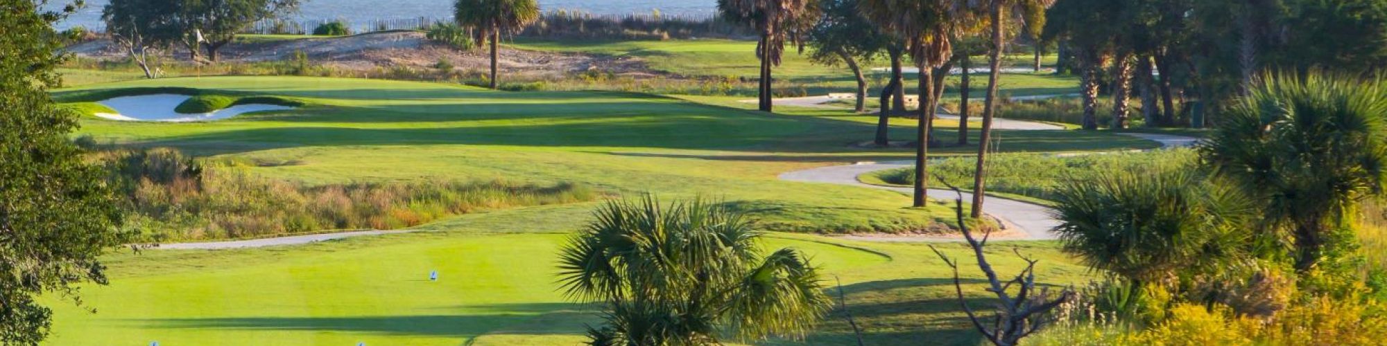 A scenic golf course with palm trees, well-manicured lawns, sand traps, and a view of water in the background.