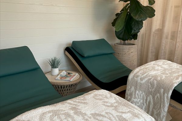 Two lounge chairs with green cushions and white patterned blankets, next to a small table with a plant; a cozy, relaxing setting.