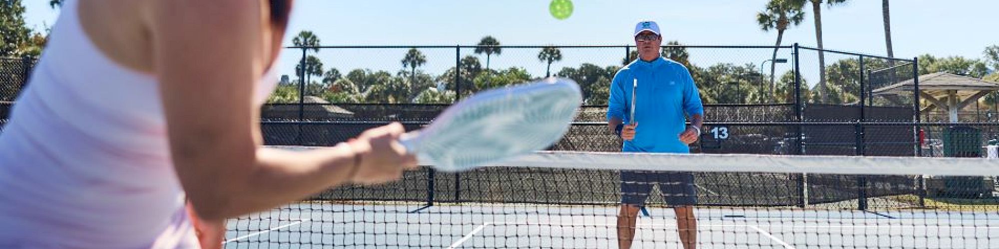 Two people are playing pickleball on an outdoor court, with palm trees in the background, under a clear blue sky.