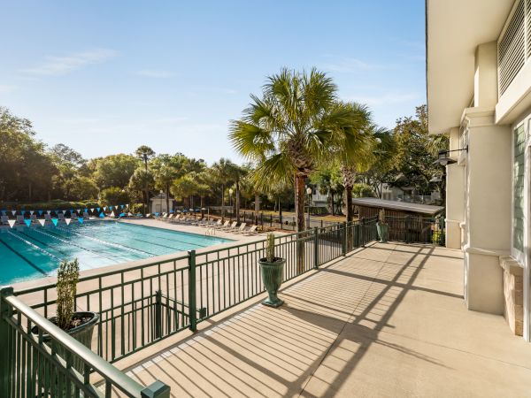 A swimming pool with lane markers, surrounded by palm trees and lounge chairs, viewed from a balcony with railing and potted plants.
