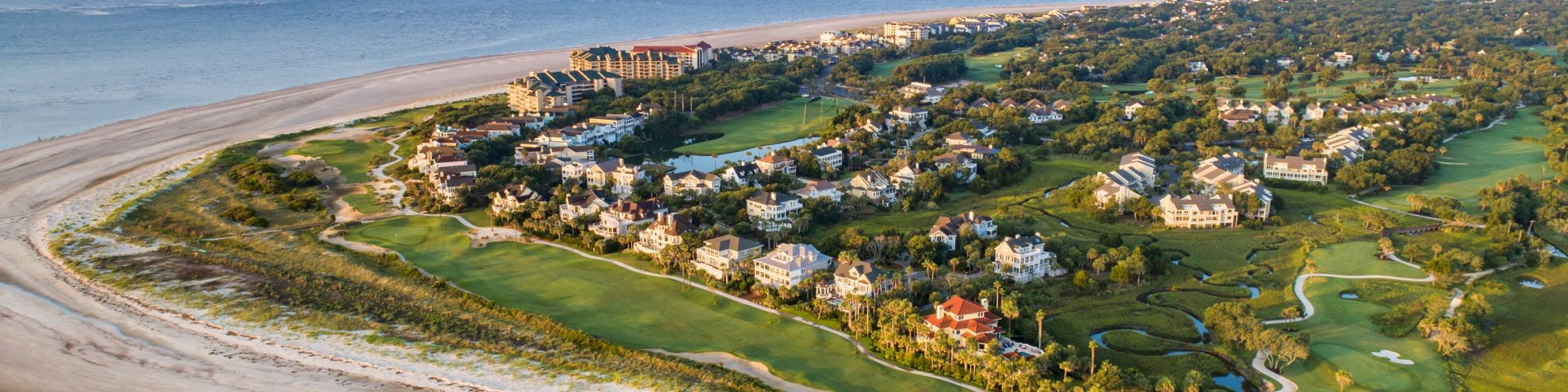 Aerial view of a coastal area with houses, lush greenery, and a sandy beach by the ocean, under a clear blue sky.
