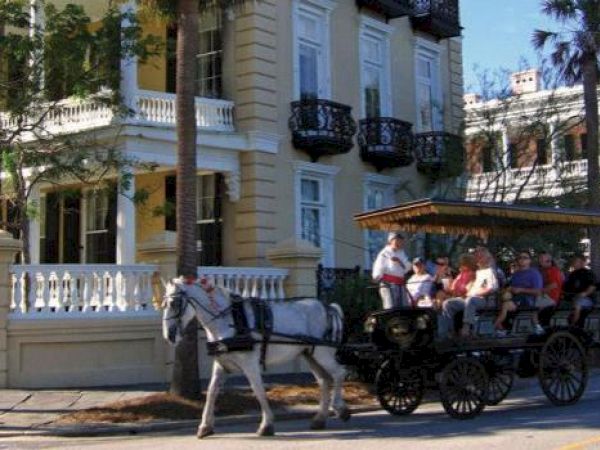 A horse-drawn carriage carrying people passes by historic buildings and palm trees, under a clear blue sky.