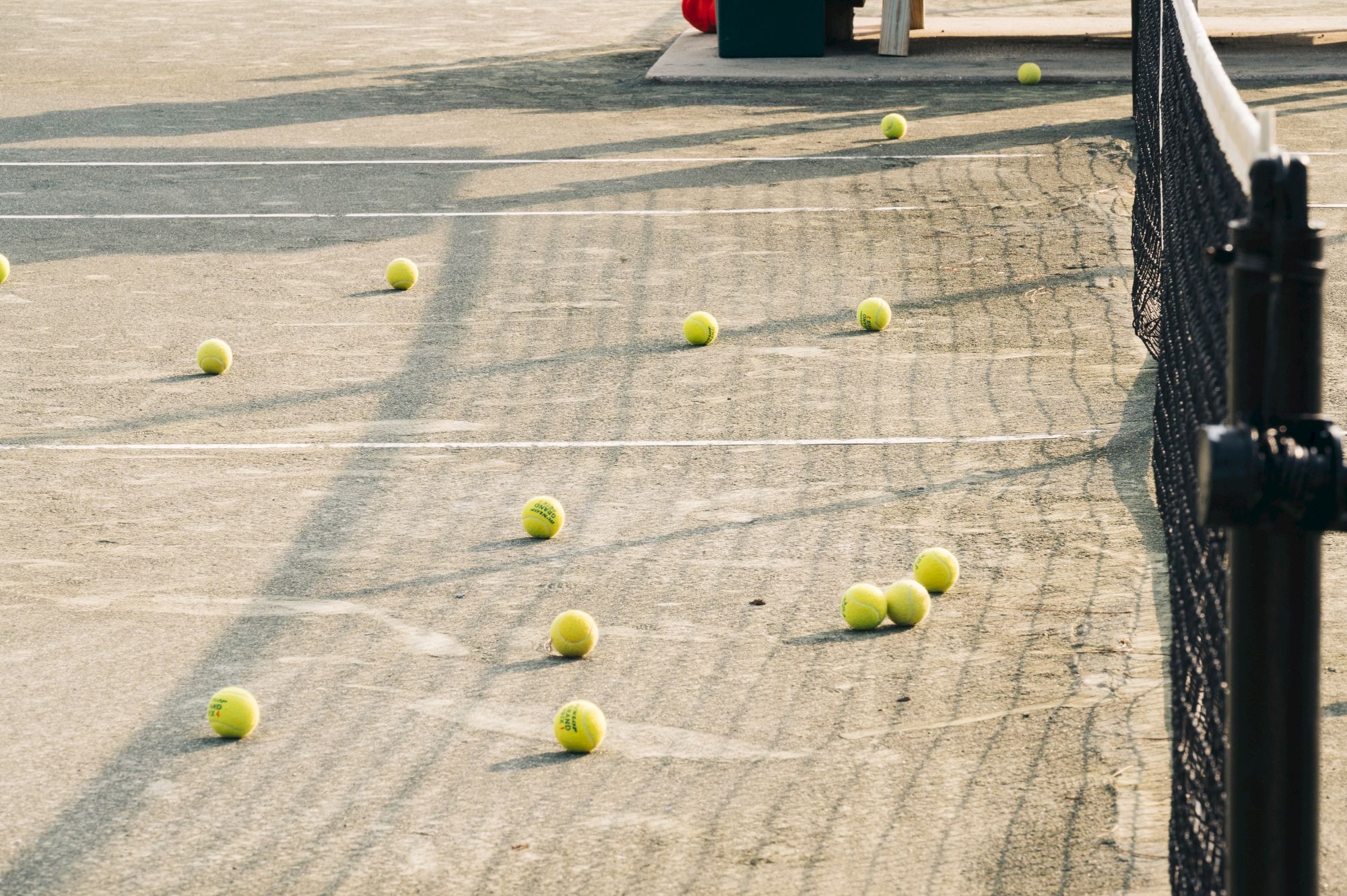 Tennis balls scattered on the pavement near a net, casting long shadows in the sunlight.