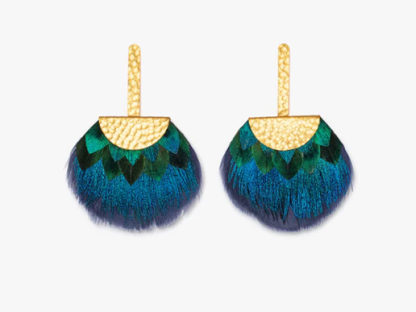 A pair of earrings featuring gold elements and vibrant blue and green feathers, resembling peacock feathers.