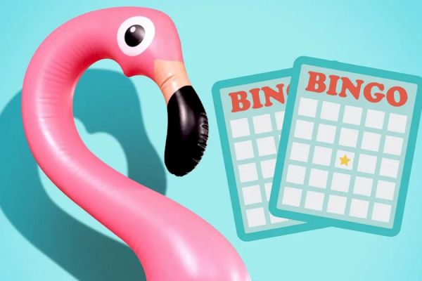 A pink inflatable flamingo and two bingo cards with a star on one against a blue background.