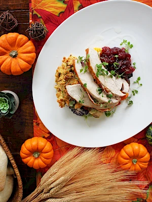 A festive plate with turkey slices, stuffing, cranberry sauce, and greens. Surrounding are mini pumpkins and autumn-themed decor.