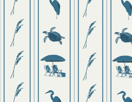 A blue nautical pattern with a beach scene—turtle, seagull, palm leaf, umbrella and chairs—repeated in vertical stripes across a light background.