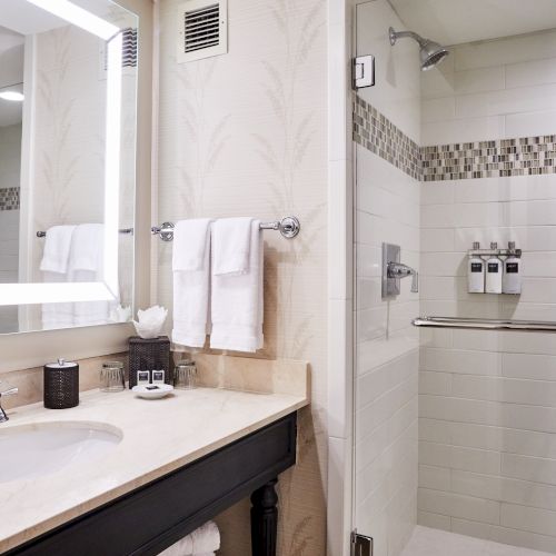 A modern bathroom features a sink with a large mirror, towel rack, and a glass shower with tile backsplash and mounted toiletries.