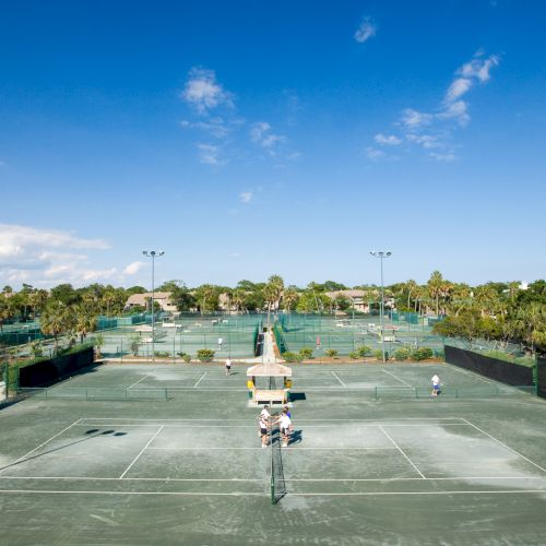 A sunny day at a tennis court complex at Wild Dunes, with people playing and surrounded by palm trees and greenery.